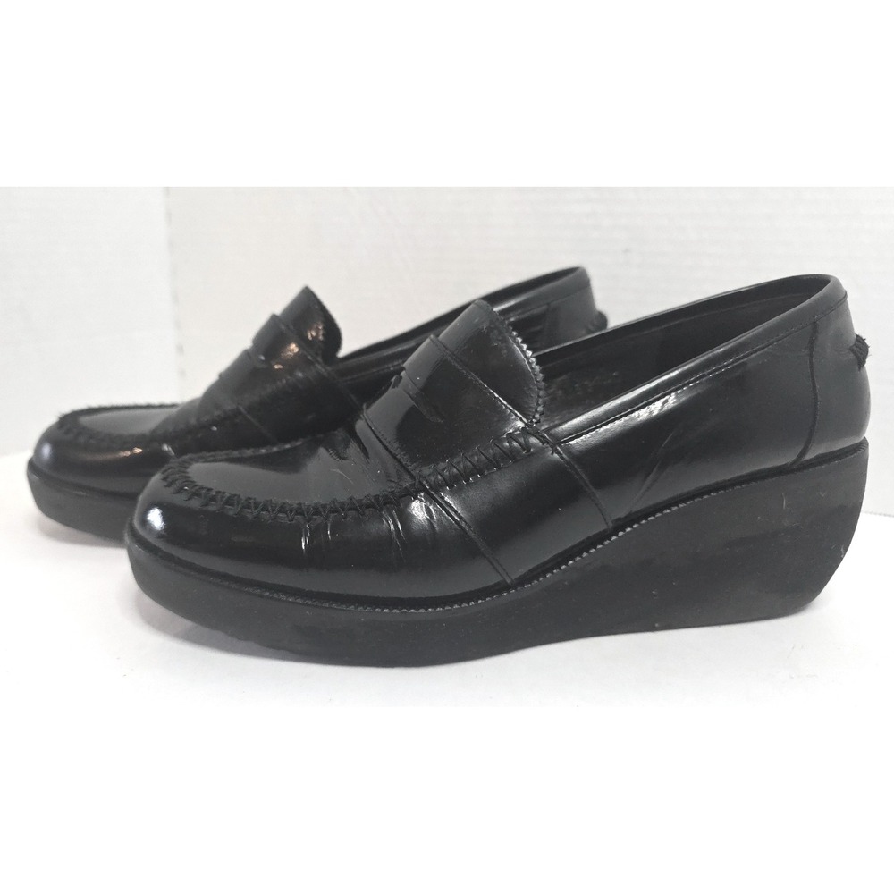 Donald J Pliner Nia Black Patent Leather Wedge‎ Penny Loafers SZ 10